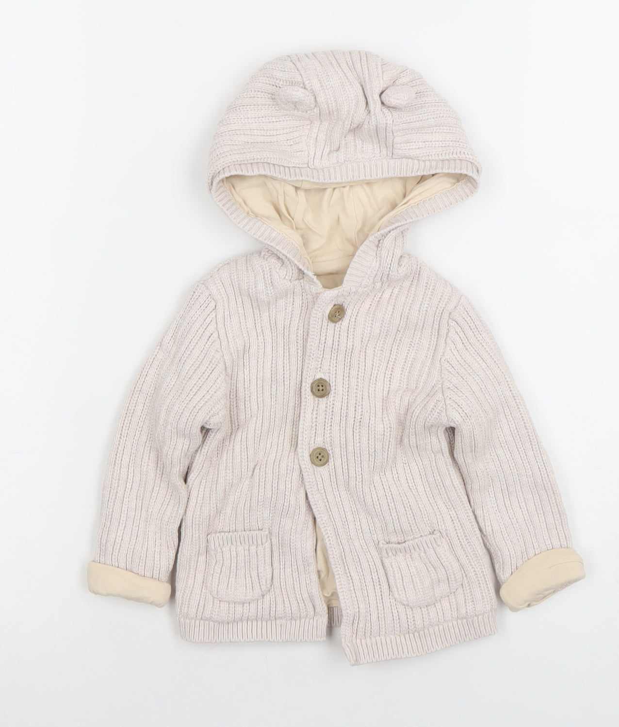 Tu Beige Hooded Knitted Cardigan 9-12 Months Unisex Baby Cotton Lined