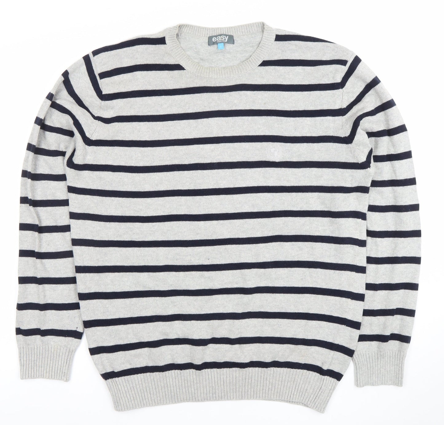 Easy Men's Grey Striped Cotton Crew Neck Jumper Size L