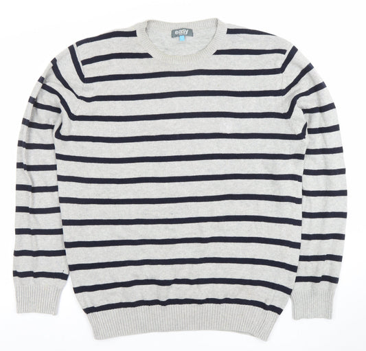 Easy Men's Grey Striped Cotton Crew Neck Jumper Size L