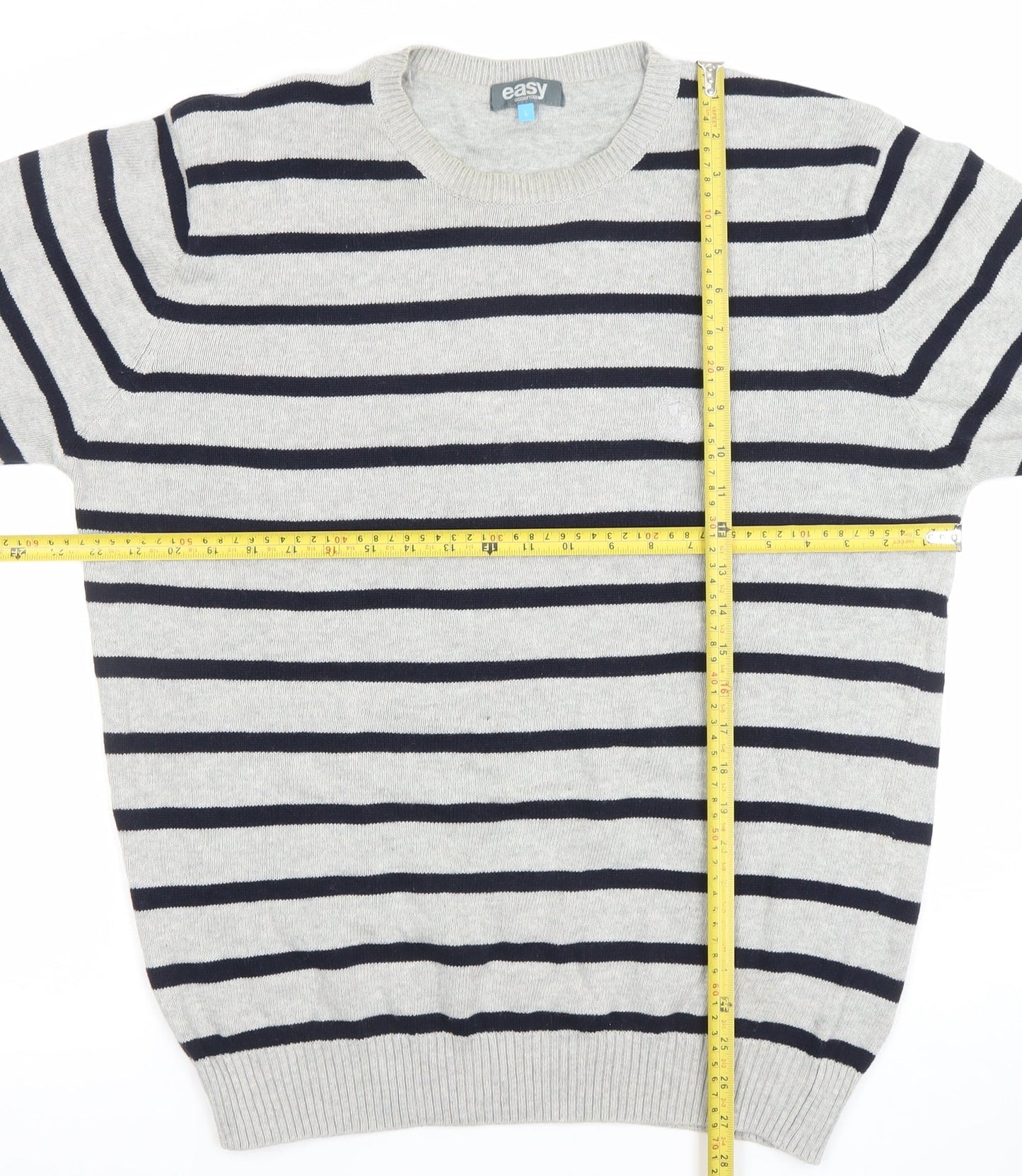 Easy Men's Grey Striped Cotton Crew Neck Jumper Size L