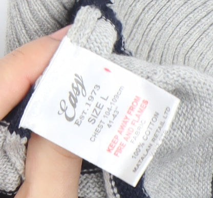 Easy Men's Grey Striped Cotton Crew Neck Jumper Size L