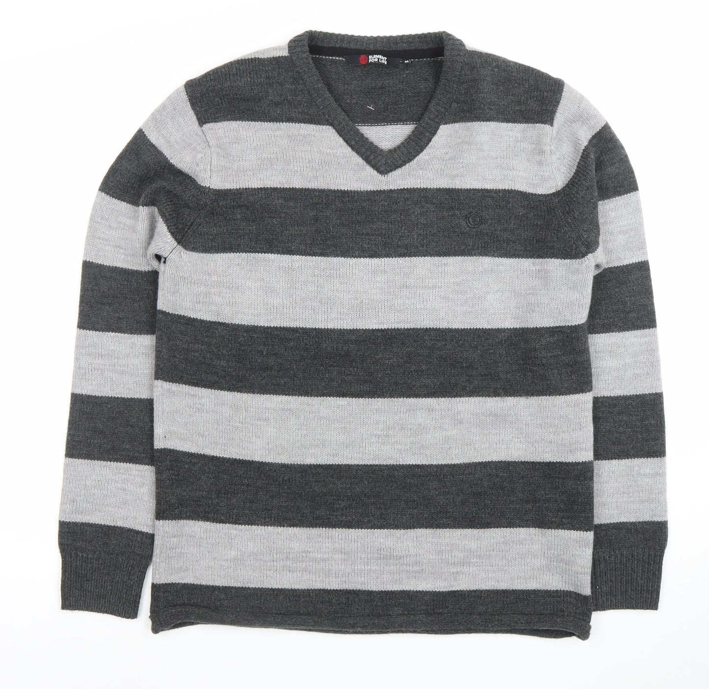 Element Men Grey Striped V-Neck Wool Blend Jumper Size M