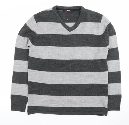 Element Men Grey Striped V-Neck Wool Blend Jumper Size M