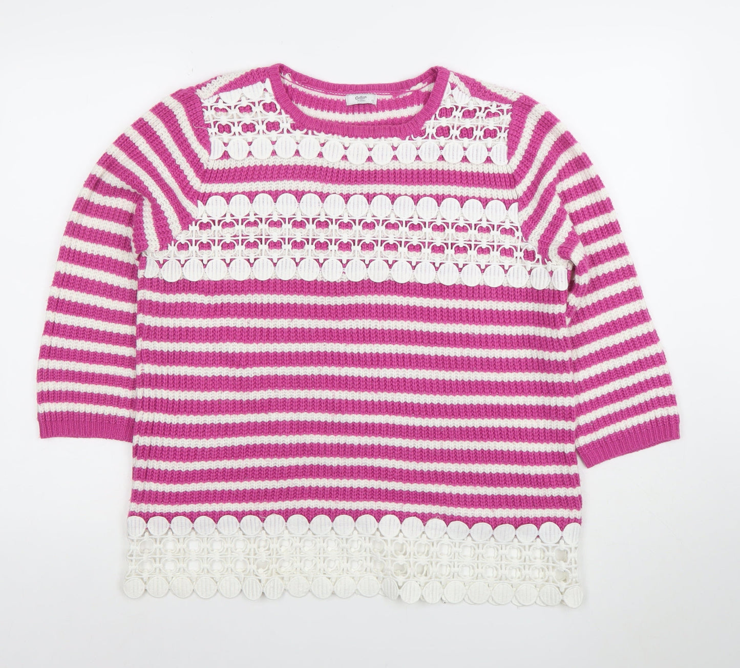 Cotton Traders Women’s Pink White Striped Crochet Trim Jumper Size 12