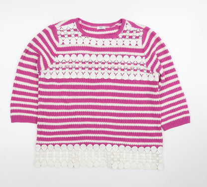 Cotton Traders Women’s Pink White Striped Crochet Trim Jumper Size 12