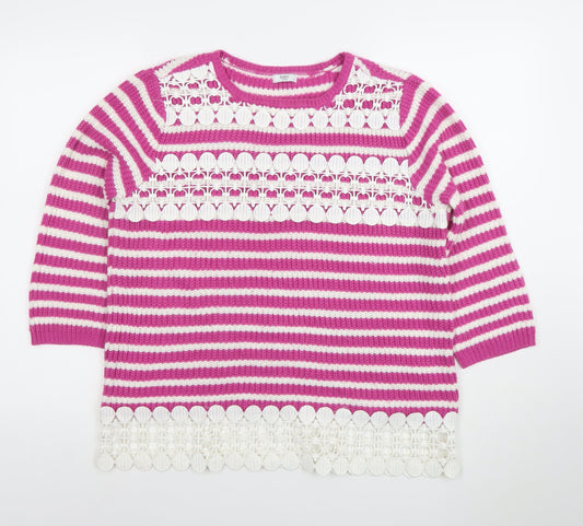 Cotton Traders Women’s Pink White Striped Crochet Trim Jumper Size 12
