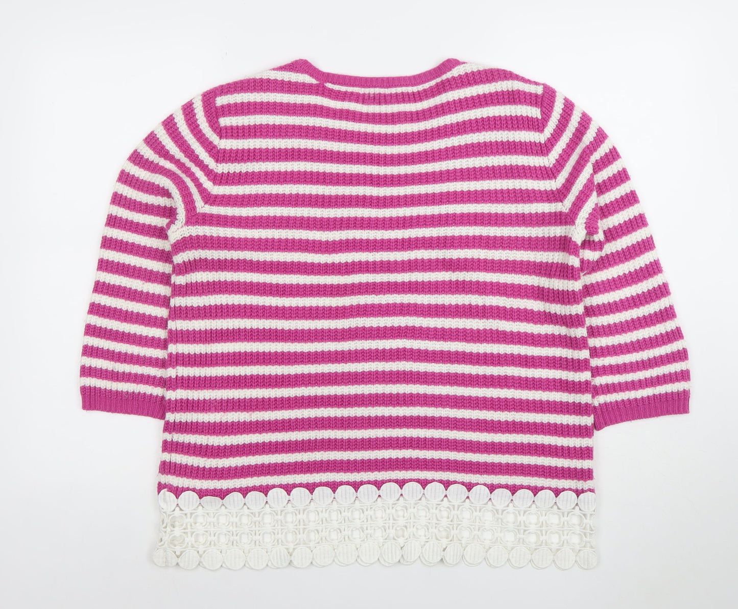 Cotton Traders Women’s Pink White Striped Crochet Trim Jumper Size 12