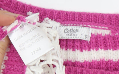 Cotton Traders Women’s Pink White Striped Crochet Trim Jumper Size 12