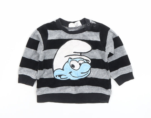 H&M Unisex Baby Black Grey Smurfs Striped Long Sleeve Pullover T-Shirt 6-9M