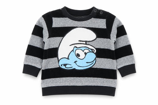 Front view of H&M unisex baby black grey smurfs striped long sleeve pullover t-shirt 6-9m