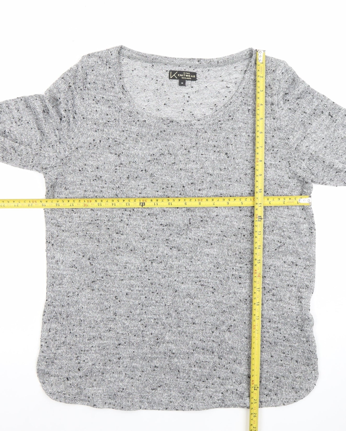 New Look Womens Grey Knit Glitter Top Size 14 3/4 Sleeve Scoop Neck