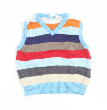 John Lewis Baby Multicoloured Striped Knit Cotton Sleeveless V-Neck Jumper 9-12 Months