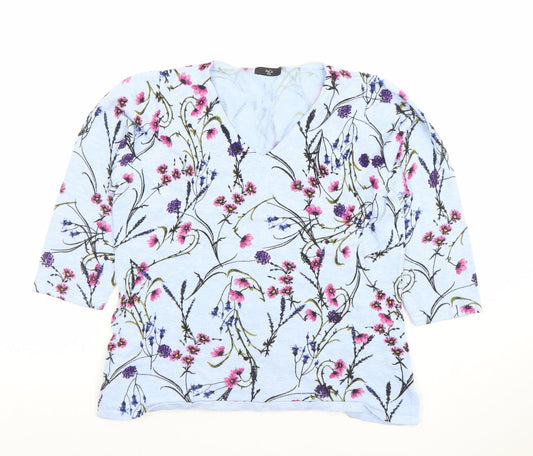 M&Co Womens Blue Floral 3/4 Sleeve V-Neck Lightweight Top Size 14