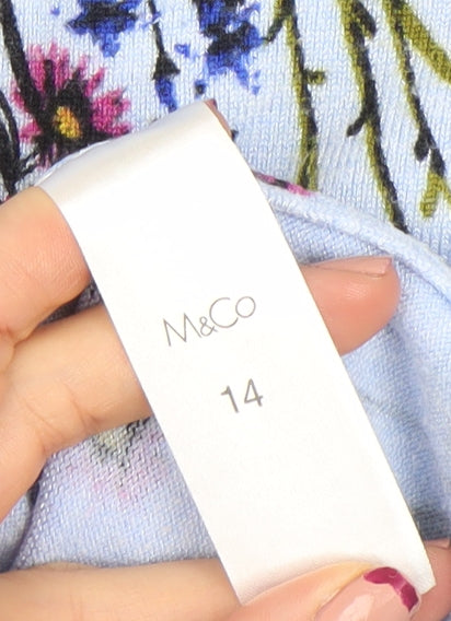 M&Co Womens Blue Floral 3/4 Sleeve V-Neck Lightweight Top Size 14