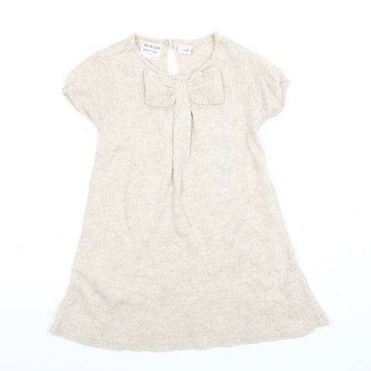 Zara Girls Beige Knit A-Line Bow Dress 3-4 Years Short Sleeve