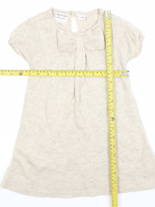 Zara Girls Beige Knit A-Line Bow Dress 3-4 Years Short Sleeve