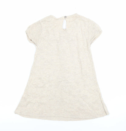 Zara Girls Beige Knit A-Line Bow Dress 3-4 Years Short Sleeve