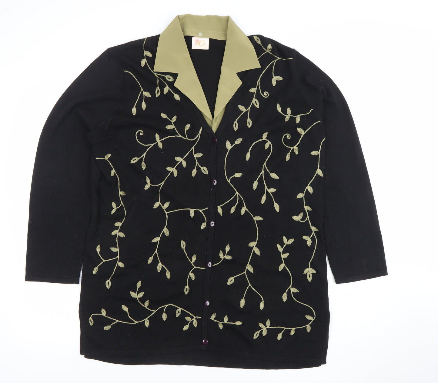 Country Casuals Women’s Black Floral Embroidered Collared Cardigan L