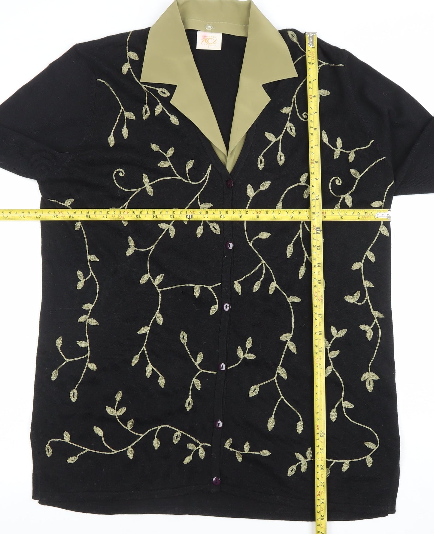 Country Casuals Women’s Black Floral Embroidered Collared Cardigan L