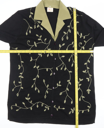 Country Casuals Women’s Black Floral Embroidered Collared Cardigan L