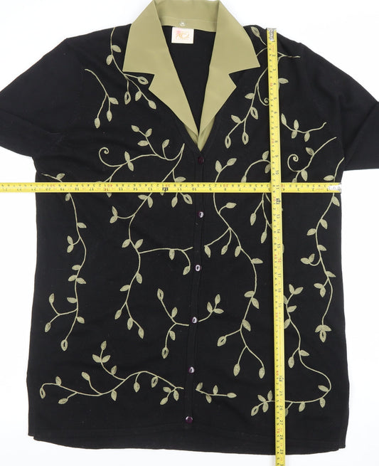 Country Casuals Women’s Black Floral Embroidered Collared Cardigan L