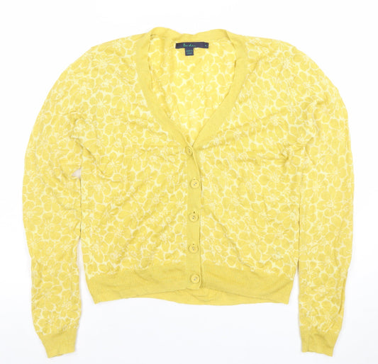 Boden Women's Yellow Floral V-Neck Linen Cardigan Size 8