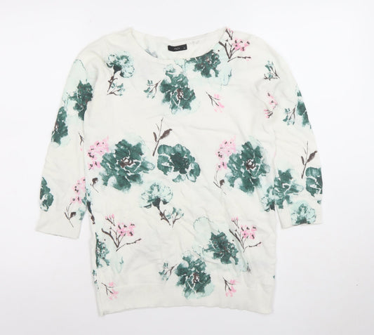 M&Co Women’s White Floral Knit Top Size 10 3/4 Sleeve Crew Neck