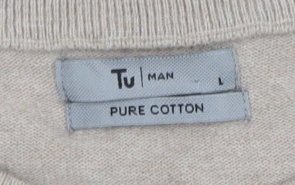 Tu Men Beige Cotton Crew Neck Long Sleeve Pullover Jumper Size L