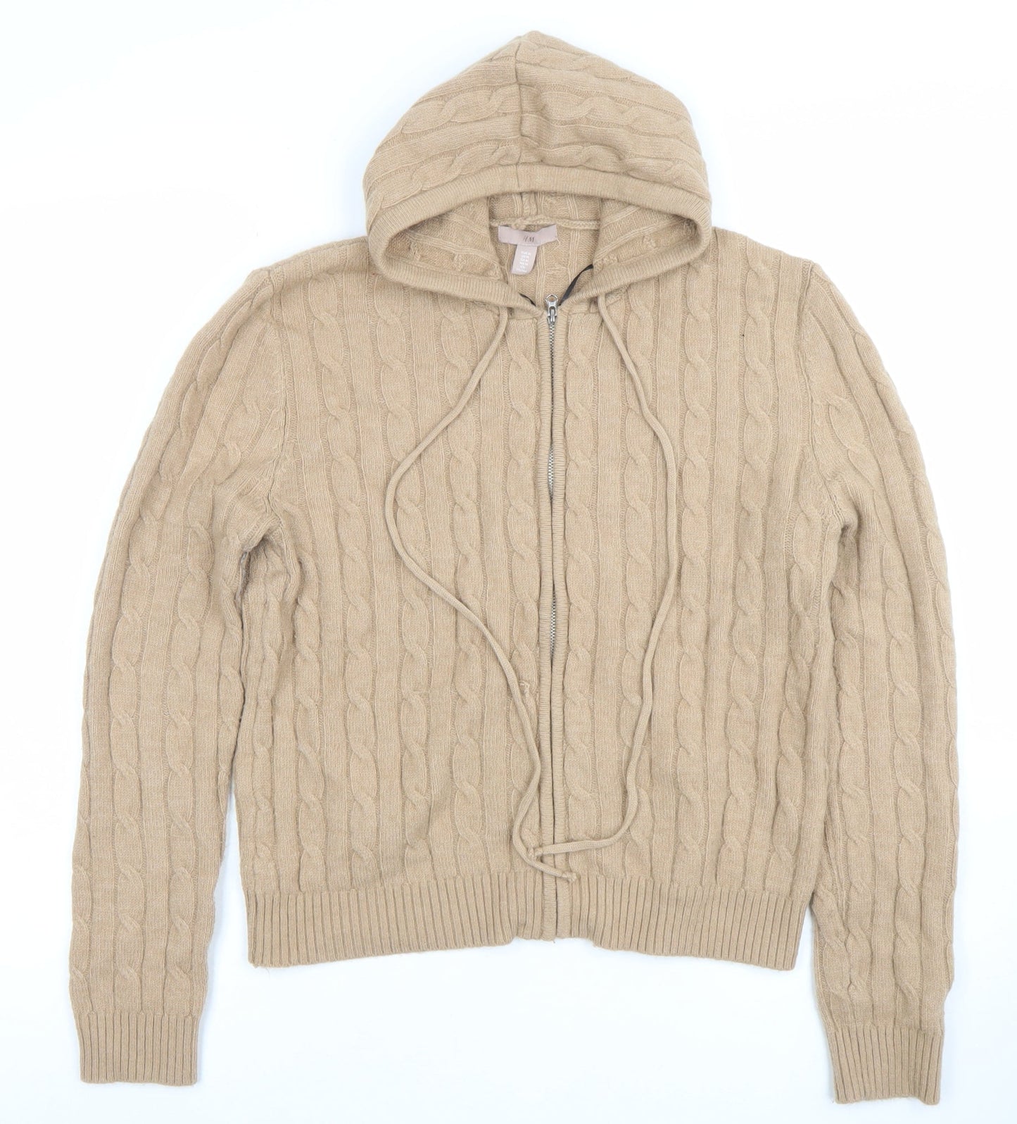 H&M Women Beige Cable Knit Full Zip Hoodie Size 12 Wool Blend