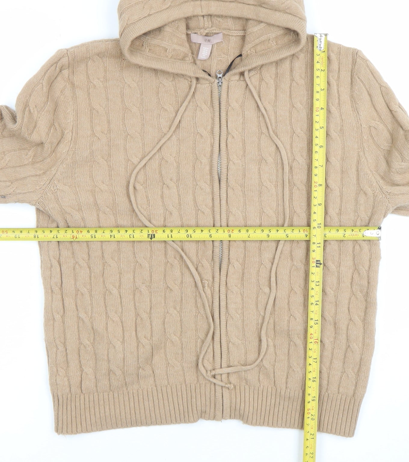 H&M Women Beige Cable Knit Full Zip Hoodie Size 12 Wool Blend