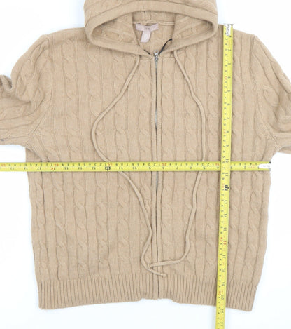 H&M Women Beige Cable Knit Full Zip Hoodie Size 12 Wool Blend