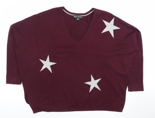 DKNY Jeans Womens Burgundy V-Neck Star Knit Jumper Size M