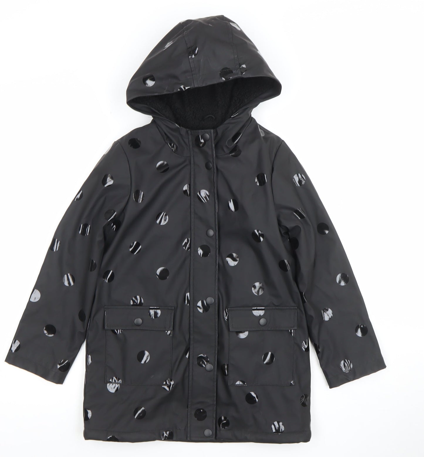 Tu Girls Black Polka Dot Waterproof Hooded Rain Coat 7-8 Years