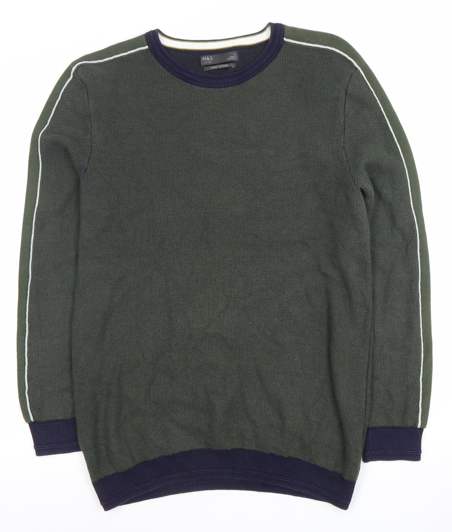 Marks and Spencer Men's Green Cotton Crew Neck Jumper Size L