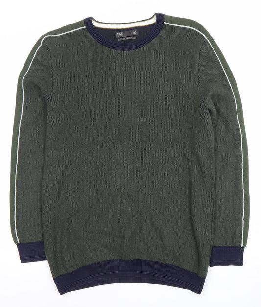 Marks and Spencer Men's Green Cotton Crew Neck Jumper Size L