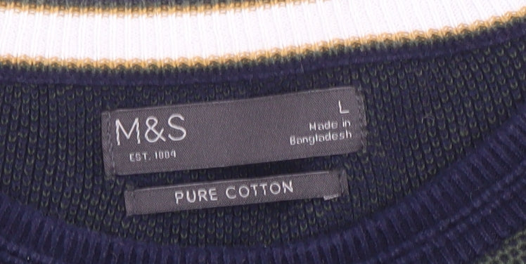 Marks and Spencer Men's Green Cotton Crew Neck Jumper Size L