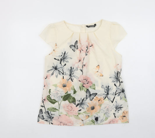 Dunnes Women's Ivory Floral Butterfly Short Sleeve Polyester Blouse Size 12
