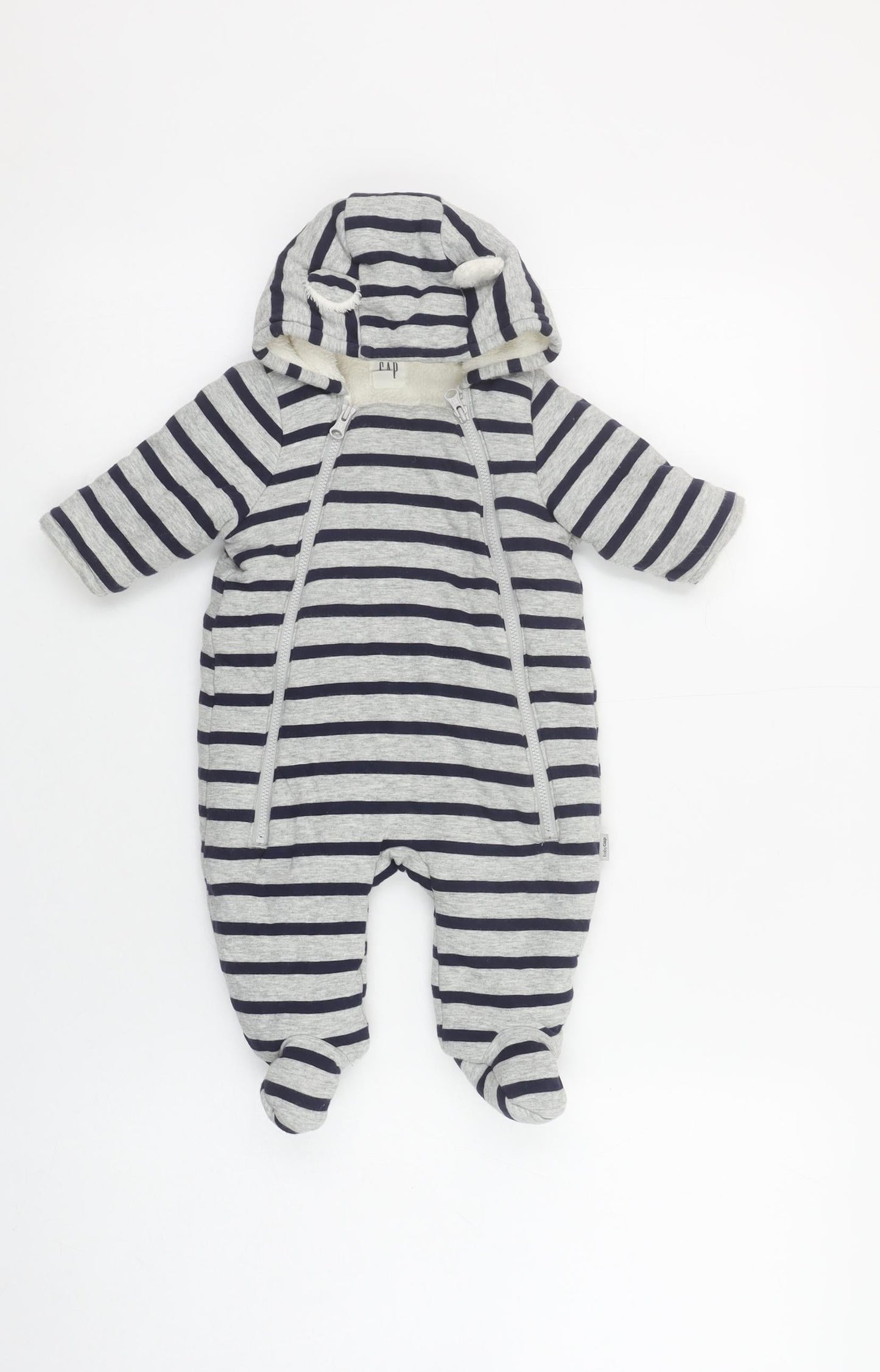 GAP Unisex Baby Grey Striped Hooded Snowsuit 0-3 Months Cotton Lined Zip Footed