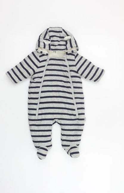 GAP Unisex Baby Grey Striped Hooded Snowsuit 0-3 Months Cotton Lined Zip Footed