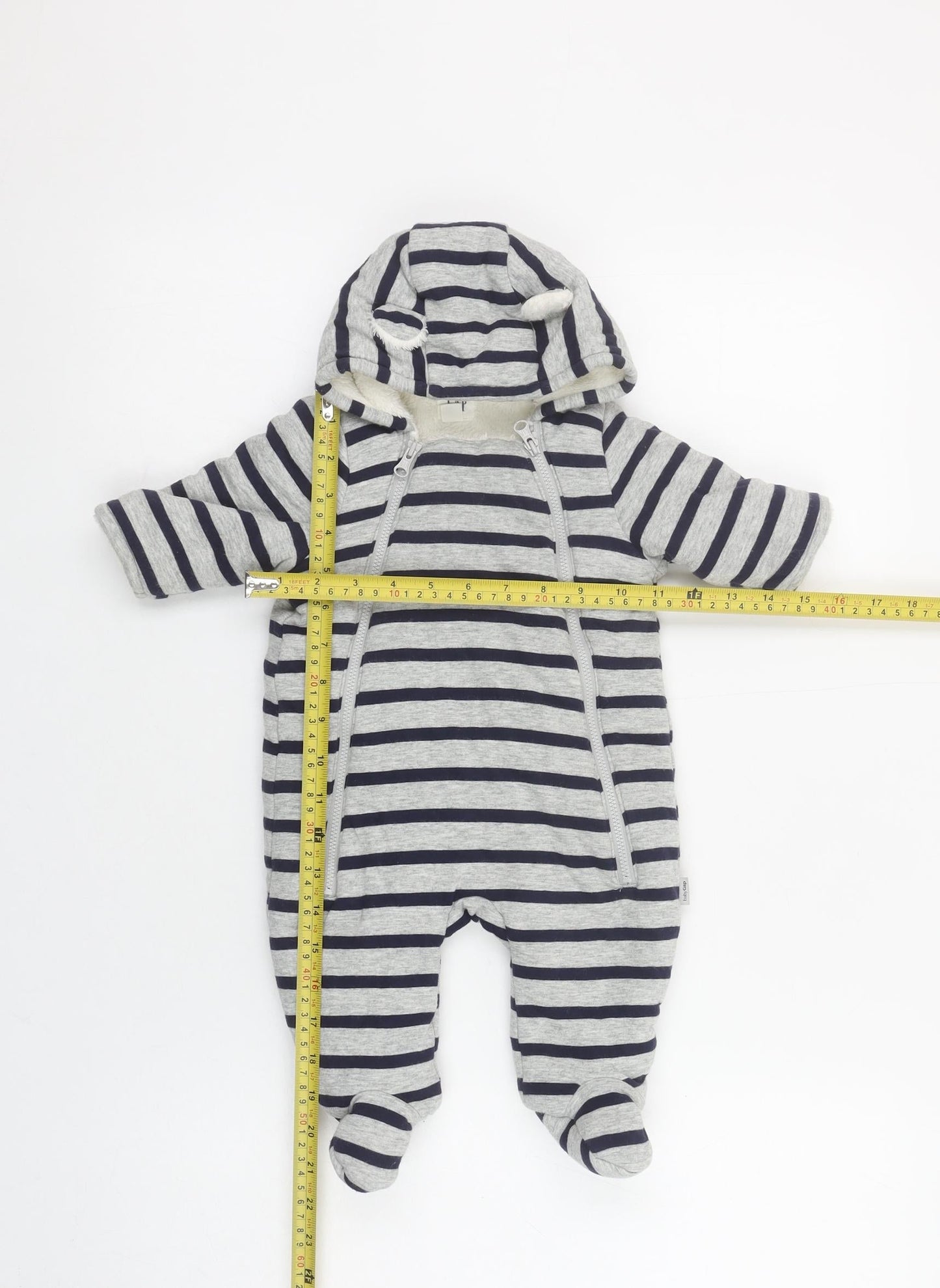 GAP Unisex Baby Grey Striped Hooded Snowsuit 0-3 Months Cotton Lined Zip Footed
