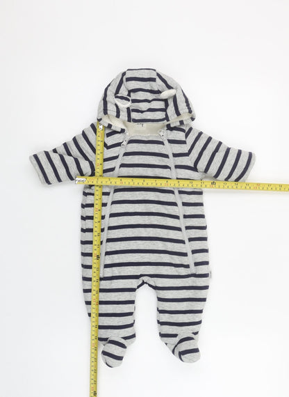 GAP Unisex Baby Grey Striped Hooded Snowsuit 0-3 Months Cotton Lined Zip Footed