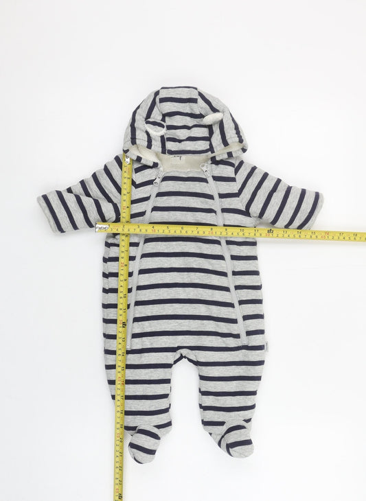 GAP Unisex Baby Grey Striped Hooded Snowsuit 0-3 Months Cotton Lined Zip Footed