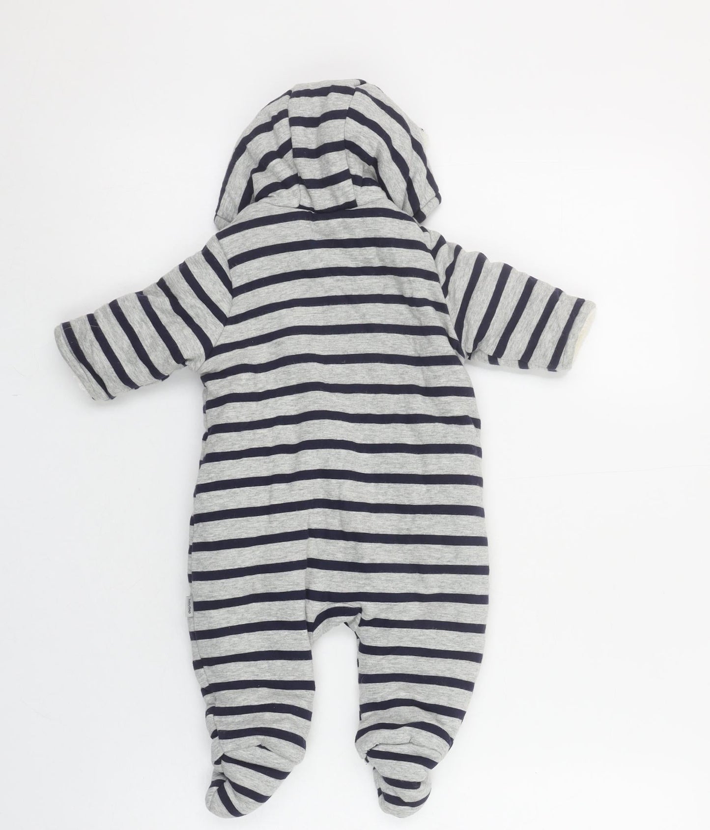 GAP Unisex Baby Grey Striped Hooded Snowsuit 0-3 Months Cotton Lined Zip Footed
