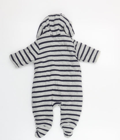 GAP Unisex Baby Grey Striped Hooded Snowsuit 0-3 Months Cotton Lined Zip Footed