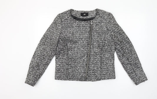 H&M Women's Grey Tweed Zip-Up Biker Jacket Size 10