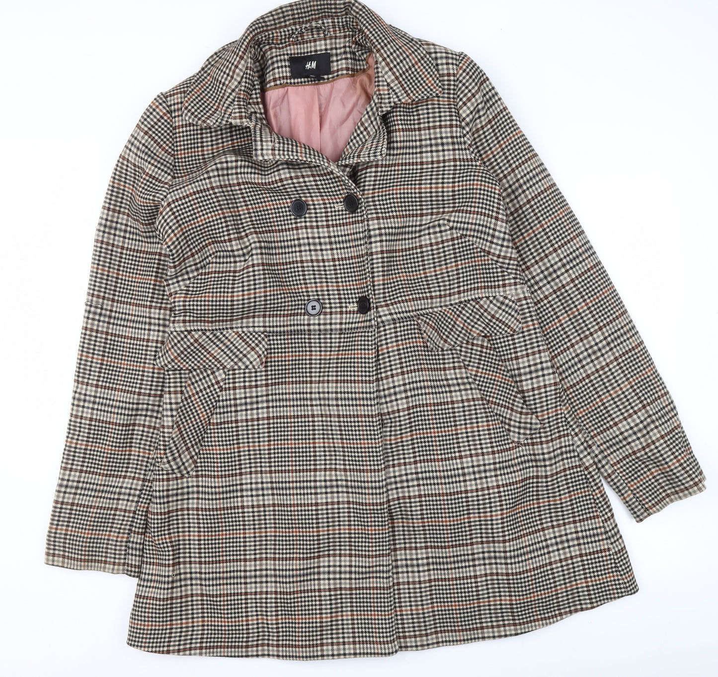 H&M Womens Brown Checked Mid-Length Trench Coat Size 16