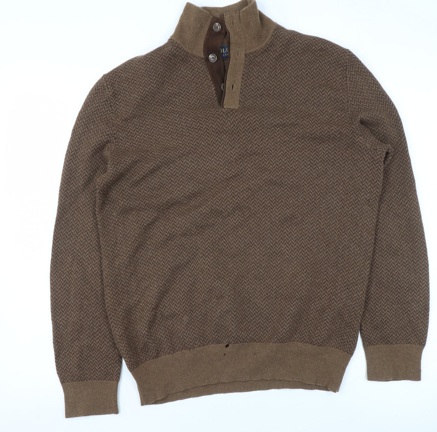 Polo Ralph Lauren Men's Brown Wool Herringbone Henley Jumper M
