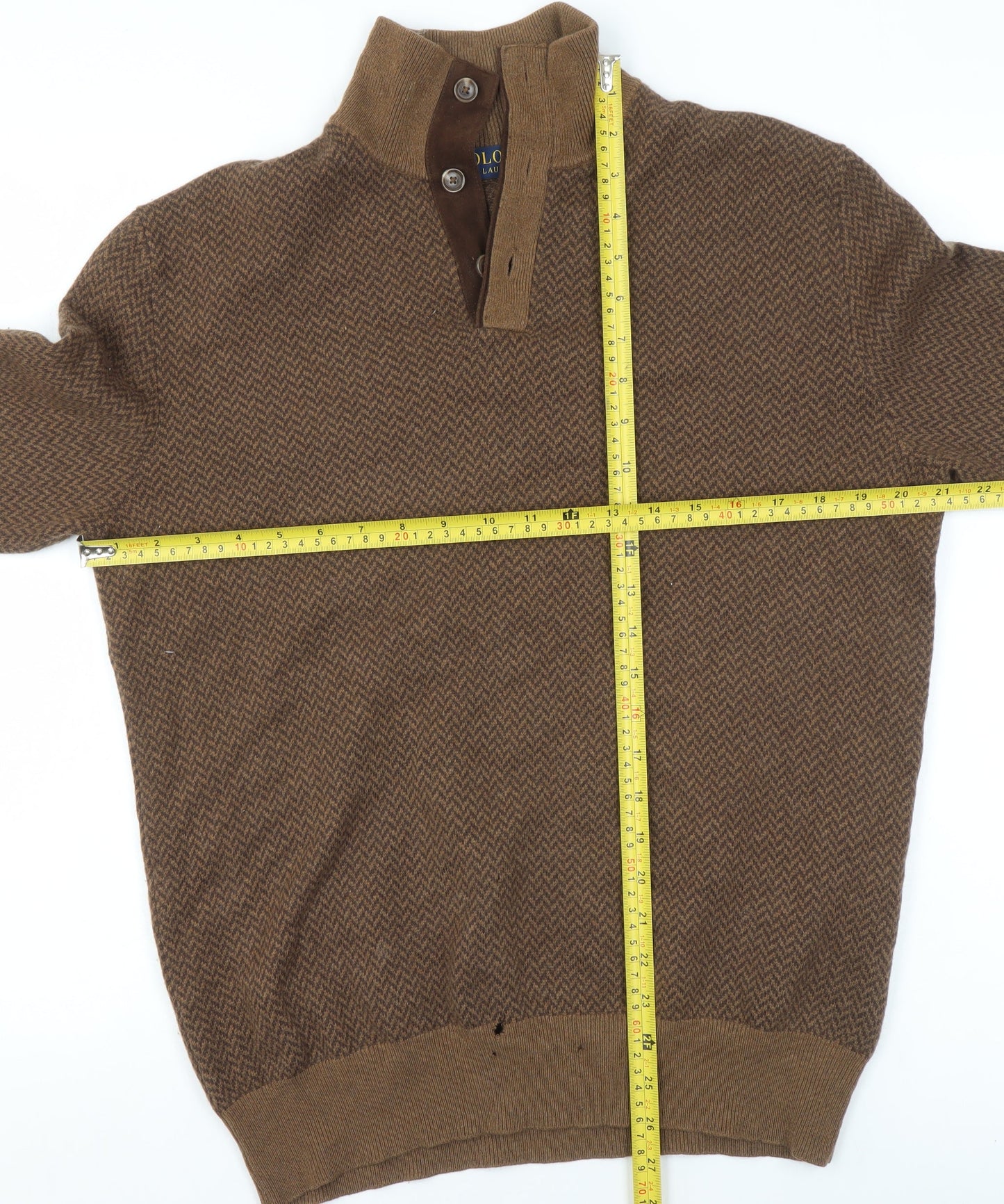 Polo Ralph Lauren Men's Brown Wool Herringbone Henley Jumper M