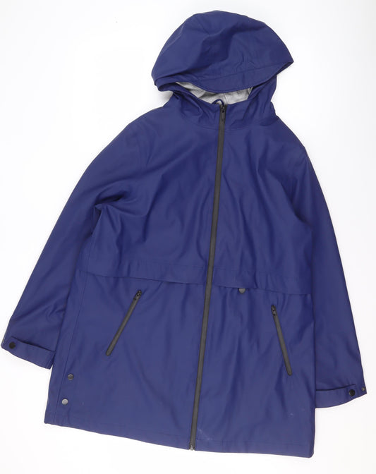 Tu Women Blue Hooded Waterproof Mid-Length Rain Coat Jacket Size 16