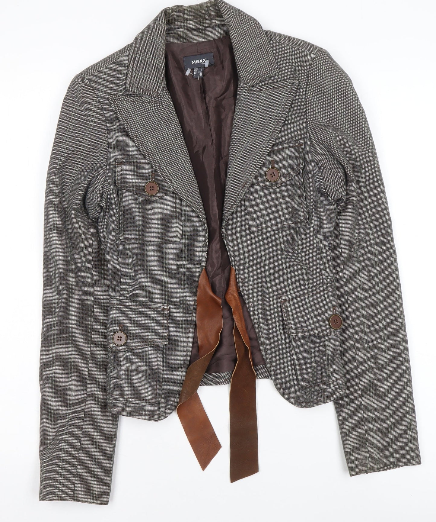 Mexx Women's Grey Checked Tailored Blazer Size 6 Wool Blend Jacket